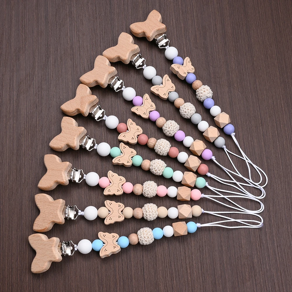 2Pcs Wooden Round Beadsd Anti-Drop Baby Nipple Chain Dummy Holder Soothe Nursing Teething Toy Animal Shape Beech Pacifier Clip