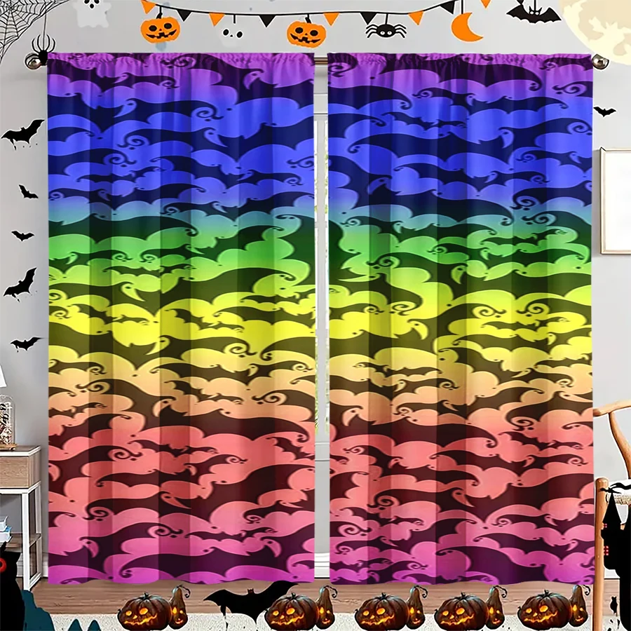 2PCS Digital Print Curtain, Rainbow Ghosts Pattern on Black, Colorful Halloween Fun Spooky Style for Living Room Bedroom Decor