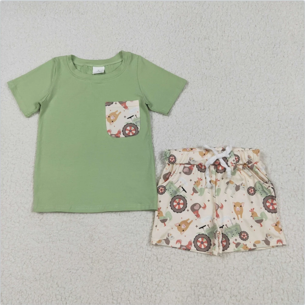 

Hot Sale Kids Designer Clothes Boys Shorts Sets Baby Boys Clothes Baby Boys Pocket Top Chicks Pigs Short Farm Clothes Sets