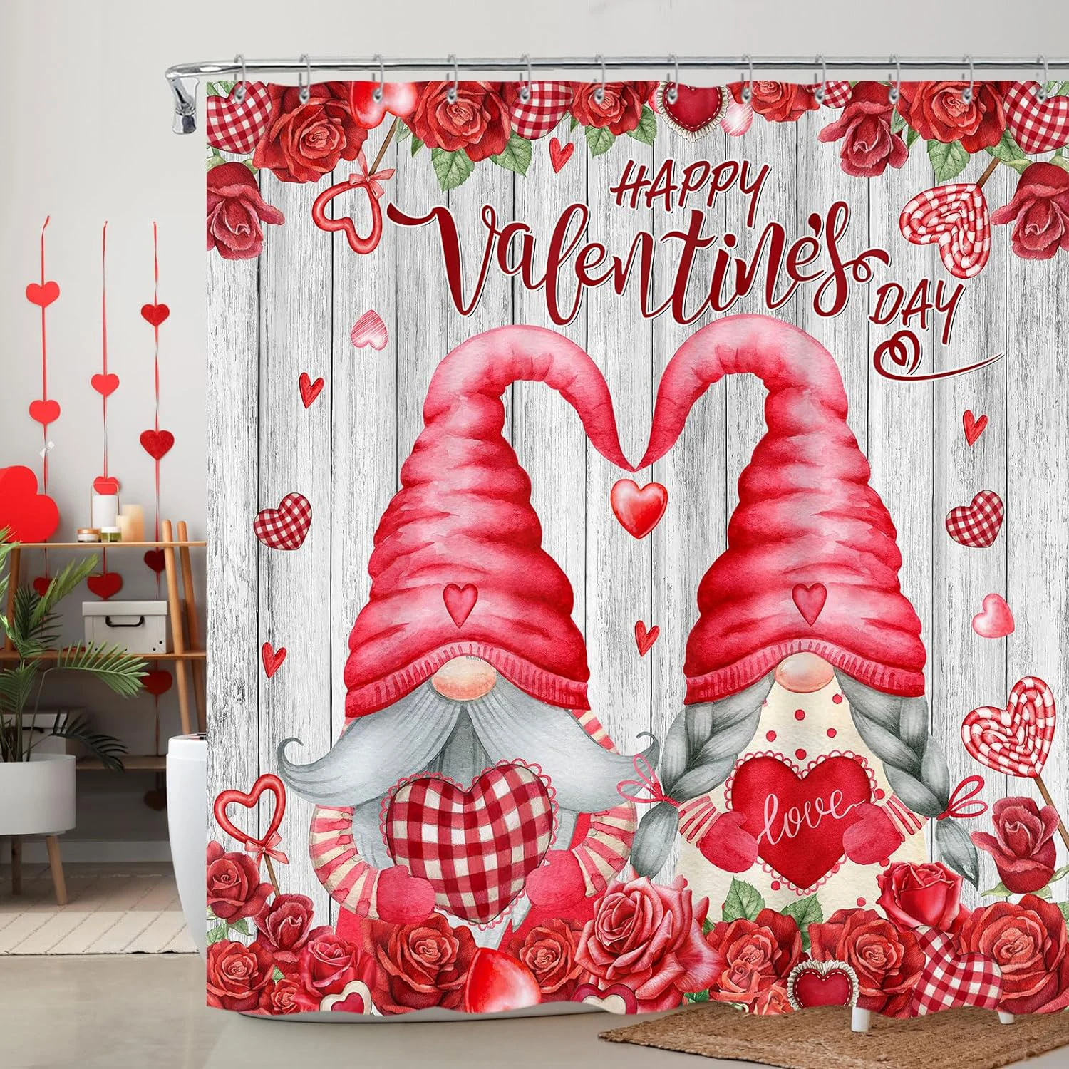 Valentine's Day Shower Curtain Romantic Red Rose Hearts Valentine's Day Genie Shower Curtain Set Shower Curtains Bathroom Decor