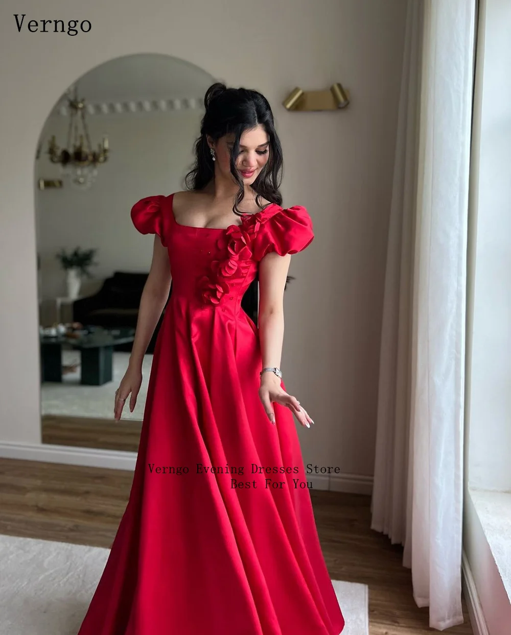 Verngo-vestido vermelho de cetim para mulheres, manga curta folhada, vestidos de baile, zíper sem costas, flores 3D, vestido de festa