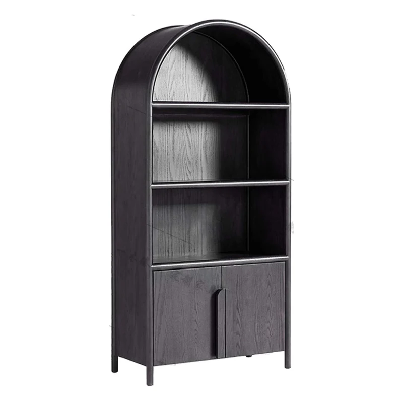 Amerikaanse lichte luxe massief houten gebogen boekenkast woonkamer retro zwarte antieke kast open display Franse opbergruimte