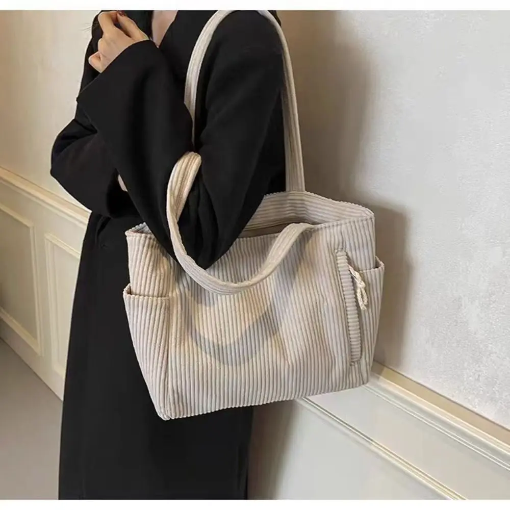 

Corduroy Women's Shopper Tote Bag Solid Color Zip Closure Shopping Handbags Multiple Pockets Large Capacity