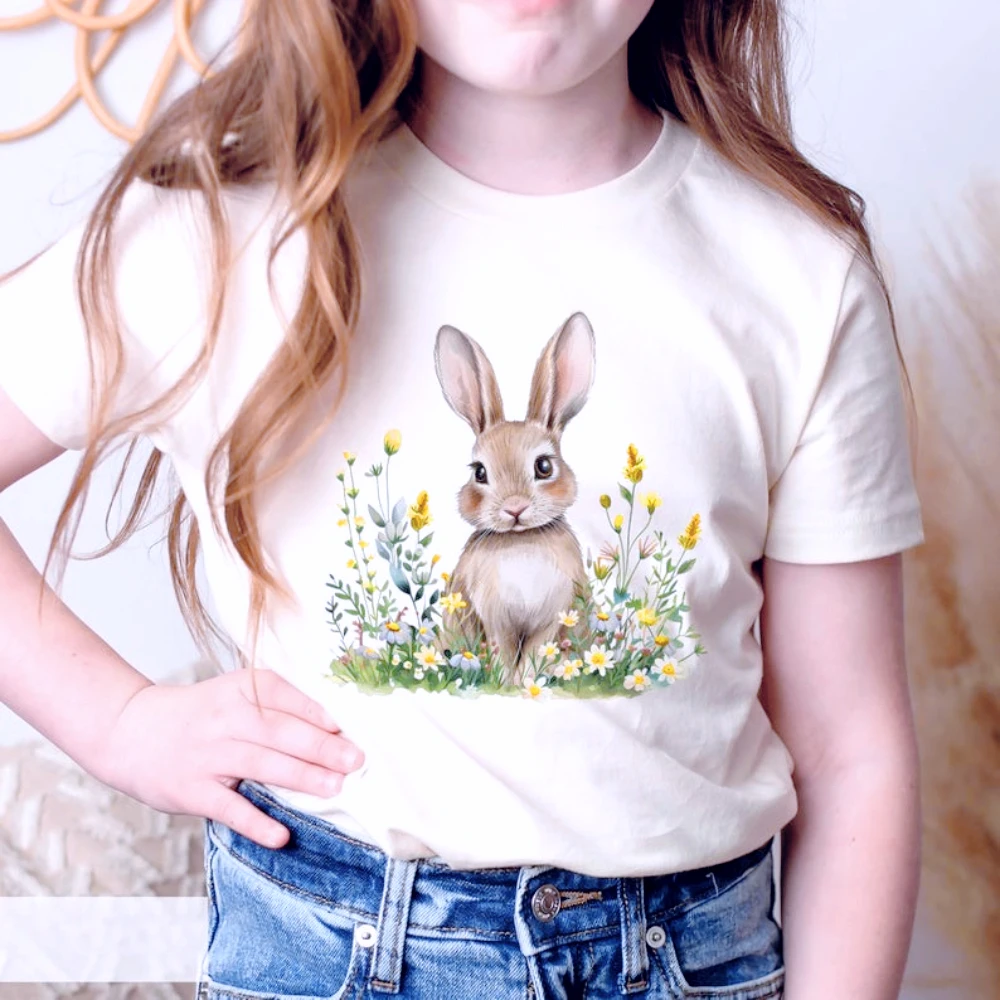 Watercolor Floral Easter Bunny Tshirt Spring Rabbit Shirt Boys Girls Children's Easter T-shirt Vintage Casual Cotton Tee Tops