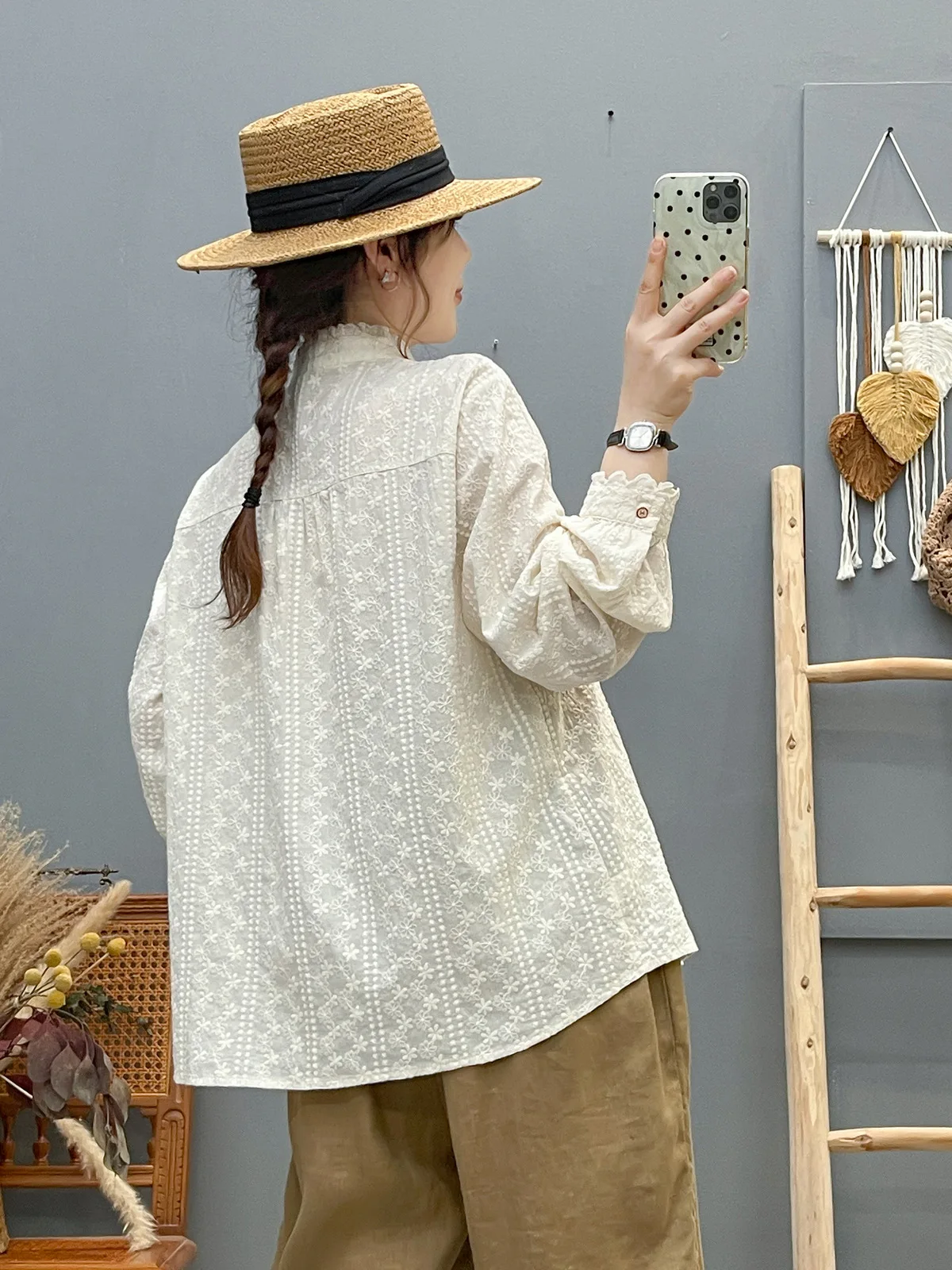 جديد 2025 الخريف قميص قطني بكم طويل ، المرأة الوقوف التطريز لطيف ، موري فتاة OL Preppy نمط الكشكشة بلوزة فضفاضة T58976CC