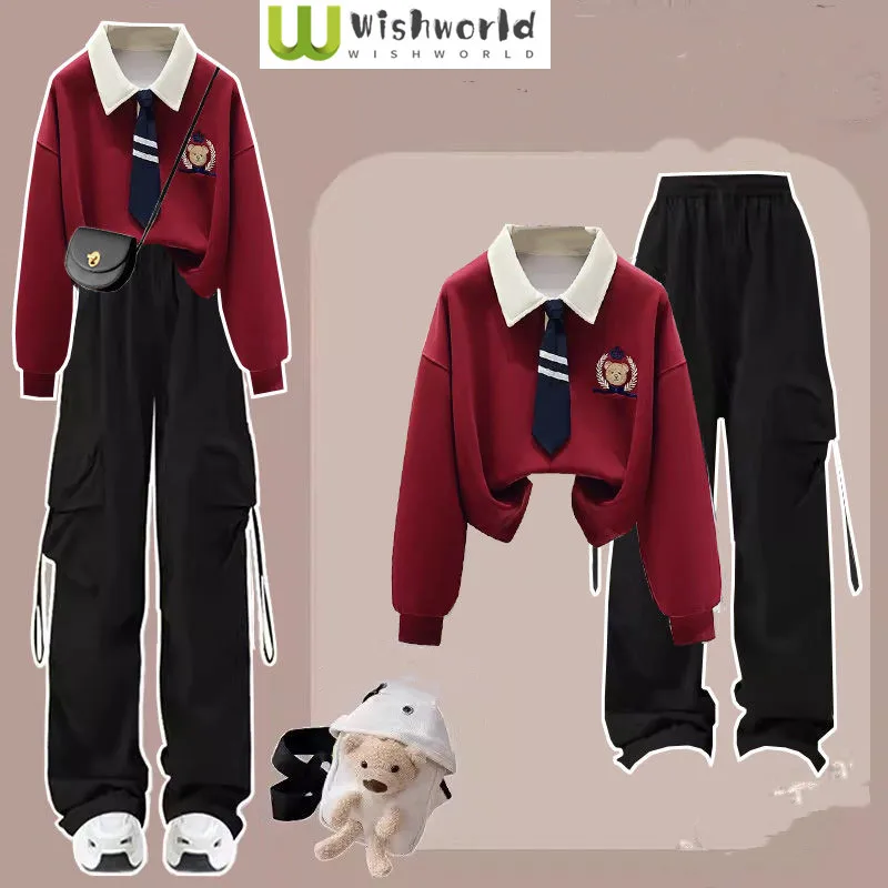 Spring and Autumn Set Female Student Korean Version Loose College Style Little Bear Top+Work Pants 3-Piece Set Trendy