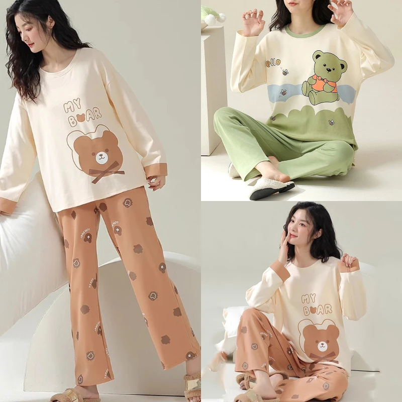 Pajamas Women Long-Sleeved Trousers Set Comfortable Simple Loose Cute Sweet Cartoon Bear Homewear Outside Sleepwear Girl Clothes