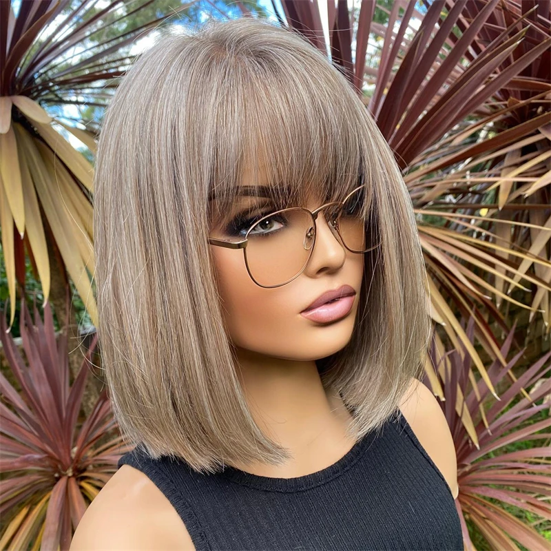 

Ombre Ash Blonde Brown Highlights Short Bob Wig with Bangs 100% Human Hair Wig Pre Plucked Hairline Glueless HD Lace Front Wig