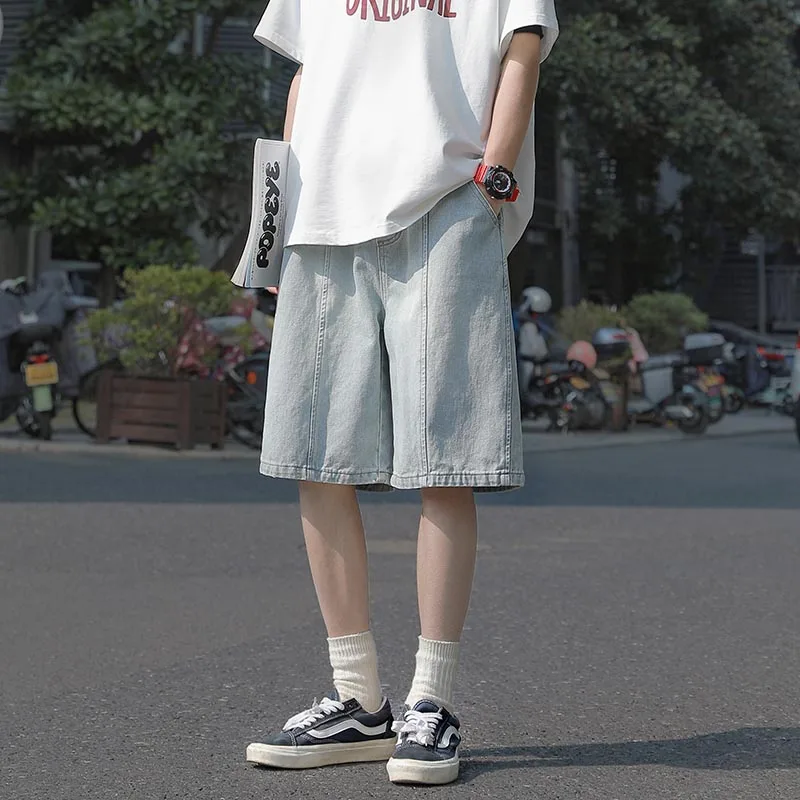 

Japanese Vintage Straight Leg Loose Fit Men's Denim orts Five-Quarter Casual Summer Jeans mid Waist Zipper Youth Faion