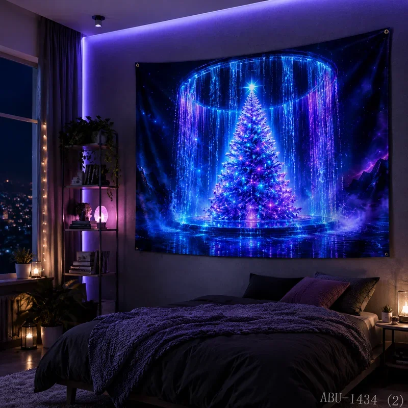 VIKAMA Neon Purple Blue Cyber Tunnel Tree Star Halo Ornament City Grid Christmas Tapestry Wall Hanging Bedroom Living Room Dorm