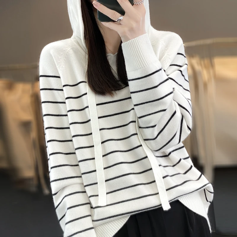 

Streetwear Fashion Hooded Striped Sweaters Autumn Winter Loose Casual Drawstring All-match Female Long Sleeve Knitted Jumpers