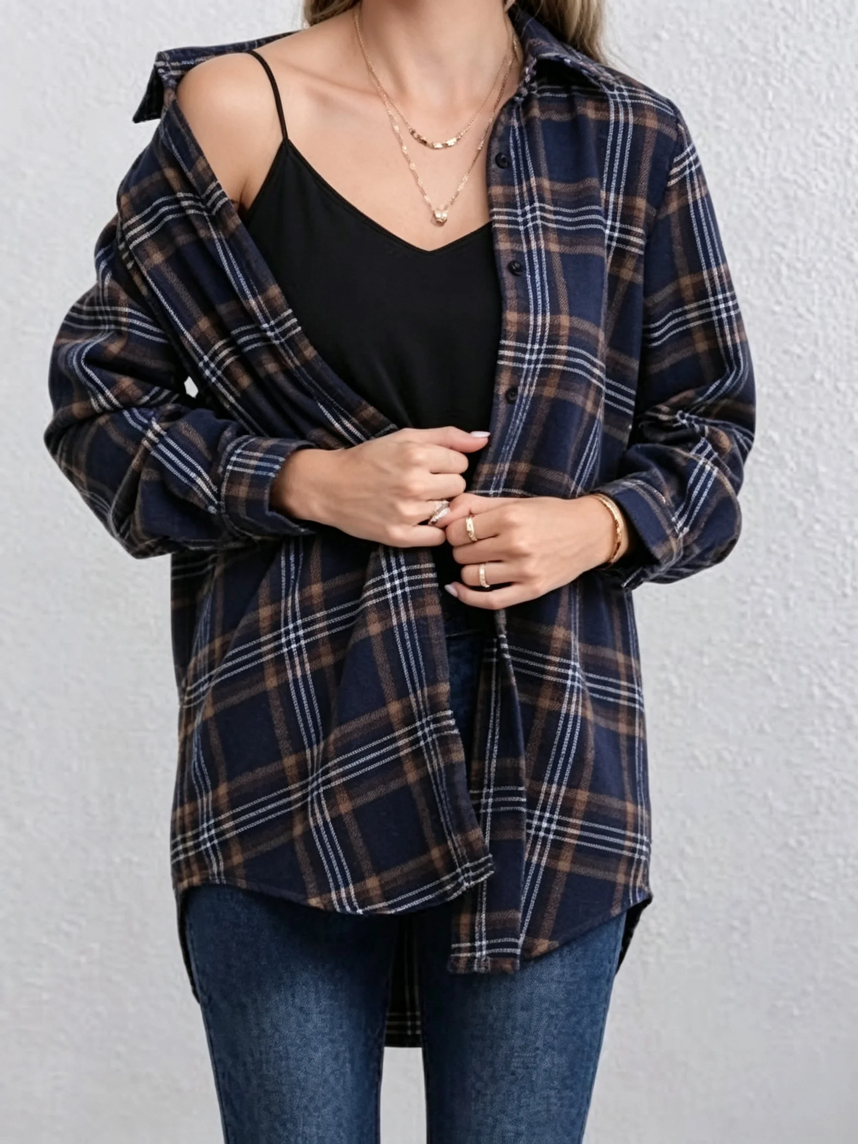 Women's Fashionable Plaid Shirt Long Sleeve Retro Midi Autumn Winter Layering Top Elegant Checkered Blouse