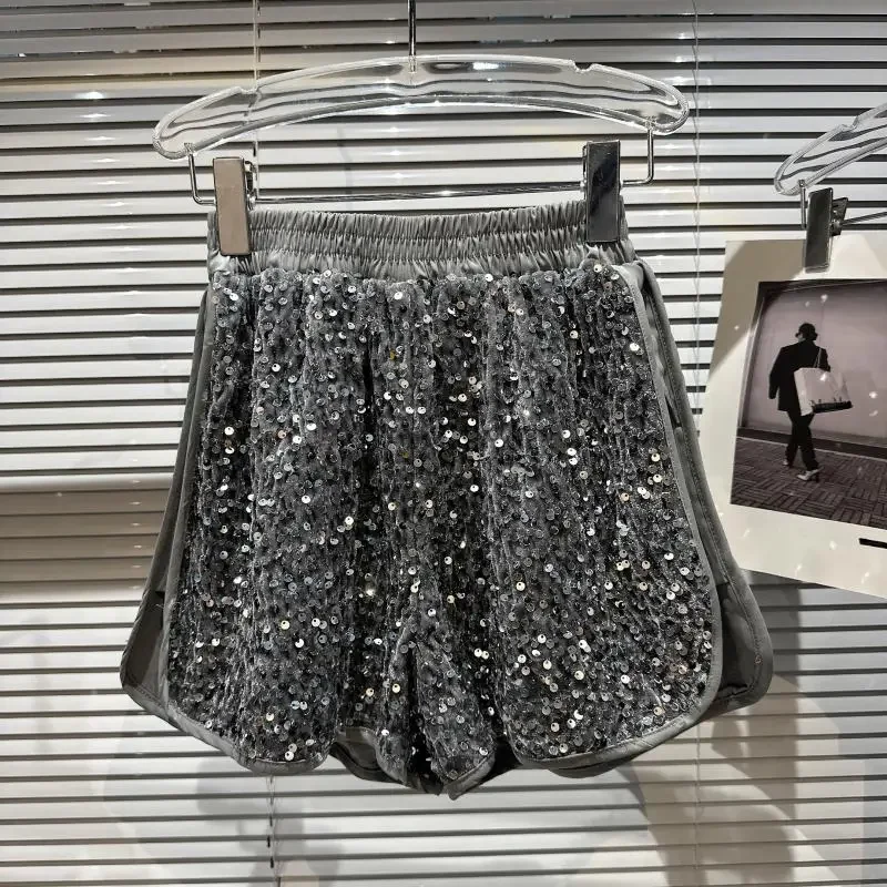 Hot Girl Shorts 2024 Autumn New Street Style Full Body Sequins Shiny Elastic Waist Drawstring Three-Point Casual Shorts