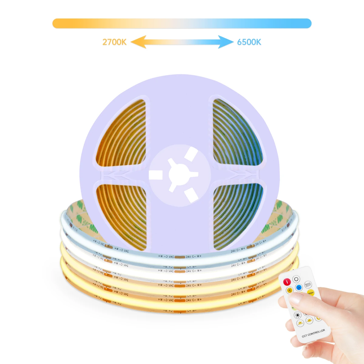 

Двойная белая светодиодная лента CCT COB 5M 10M 2700K до 6500K Сменная световая лента постоянного тока 24V 576LEDs/M с регулируемым пультом дистанционного управления