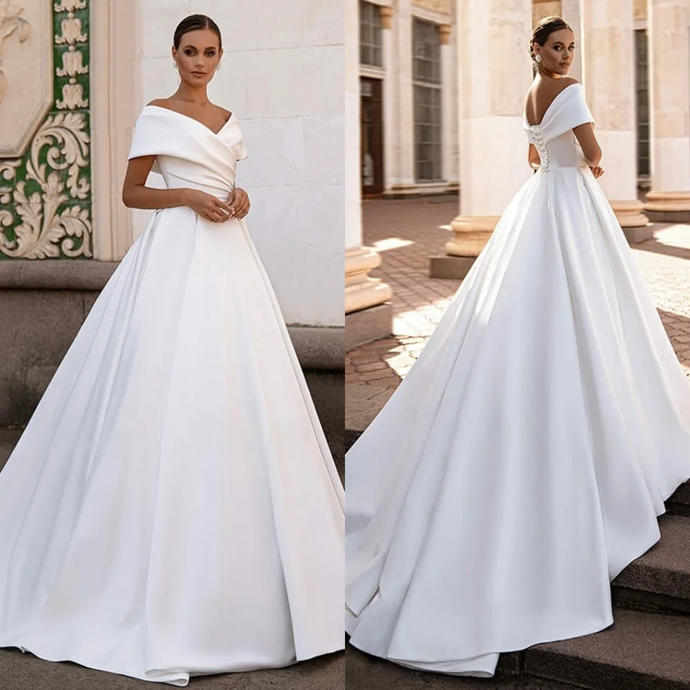 

Customized Elegant White Satin Bridal Gowns Temperament V-neck Off the Shoulder Wedding Dress Chapel Train Lace Up Back Dress