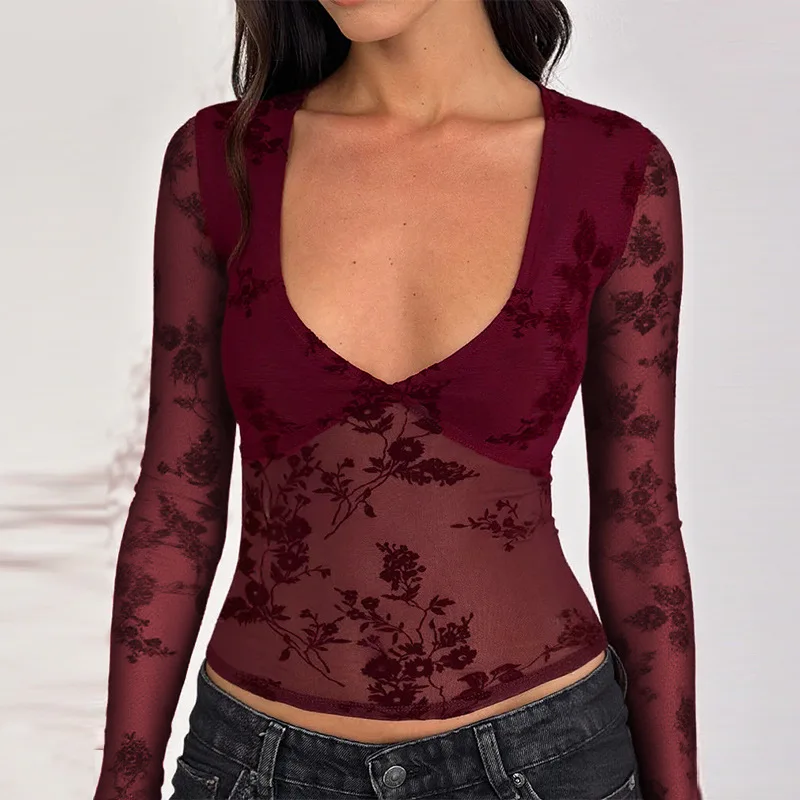 Sexy Slim Fit Long Sve V Ne Top Europäisches SLE Loose Fit Polyester Stoff Damen T-Shirt Thiened Herbstsaison