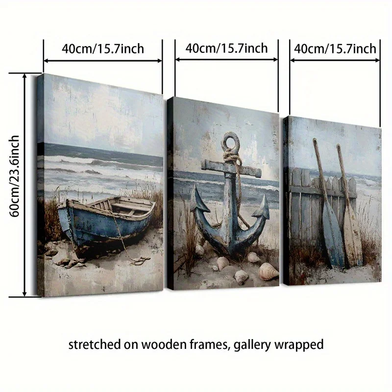 3 قطع من اللوحات القماشية بدون إطار، "مجموعة فنية جدارية بحرية لمشهد الشاطئ مكونة من 3 لوحات - مرساة، قارب، ديكور ساحلي للمجاديف" 11.8X15.7