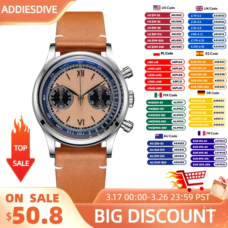 ADDIESDIVE Men watches Quartz Wristwatch Sport waterproof 100m Chronograph AR Coating VK64 Movement Retro Leather Watch New