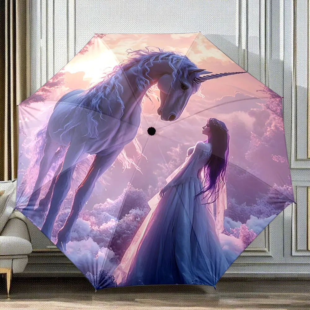 Unicorn and Princess in Dreamy Fantasy Forest Scene portable waterproof sun rain umbrella for outdoor travel beach