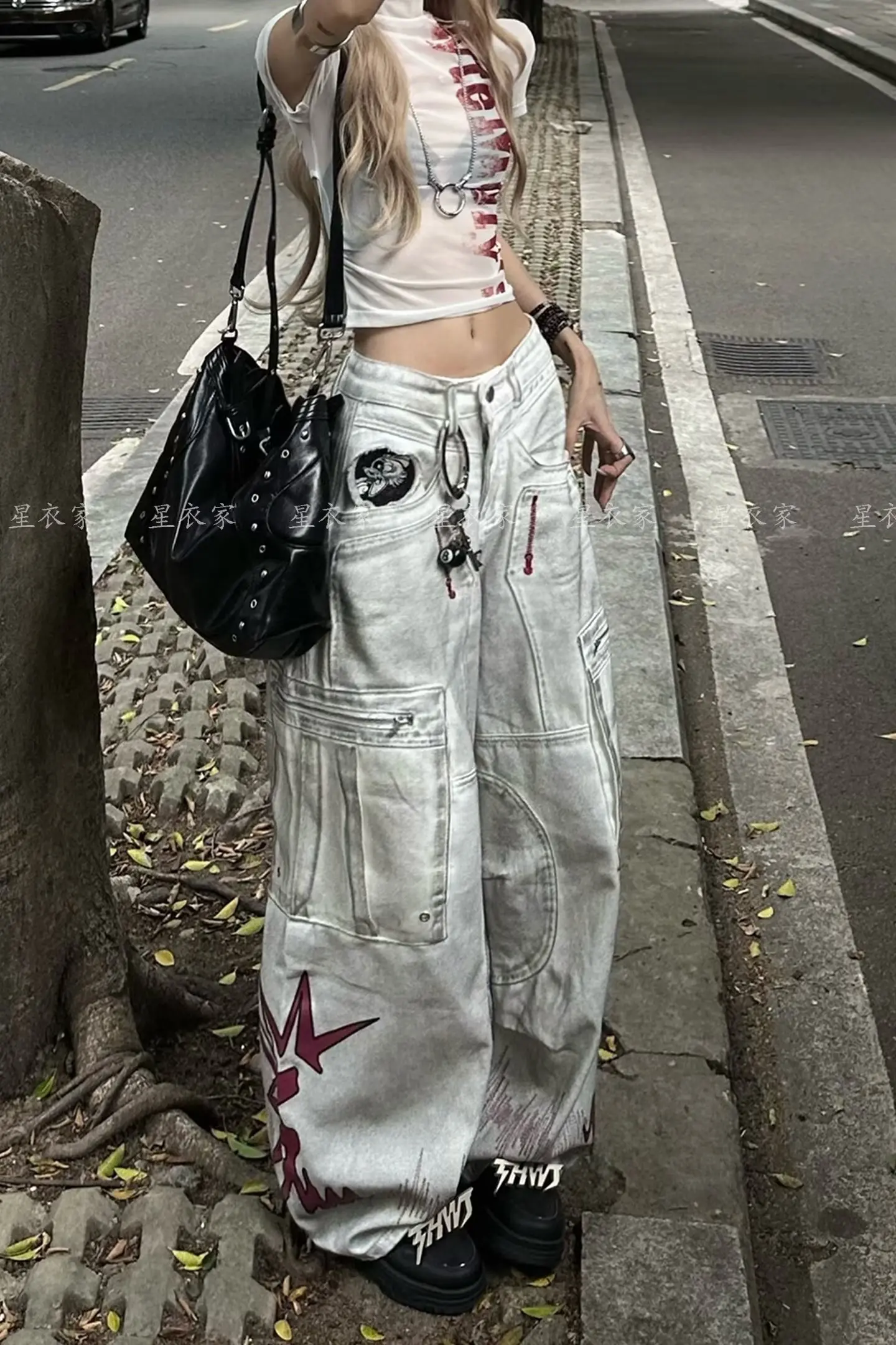 American Vintage Style Large Pocket Jeans New Fashion Women's Baggy Denim Pants Embroidery Patch Floor-Length Pants