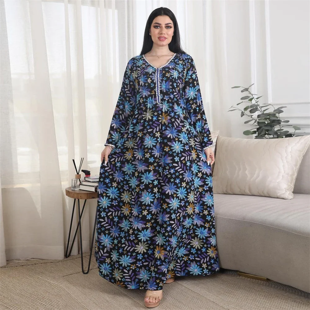 2022 Nieuwe Diamanten Print Abaya Voor Vrouwen Moslim Jurk Turkije Dubai Kaftan Caftan Marocain Vrouwen Mannen Mannen Jurk Jurk Gewaad