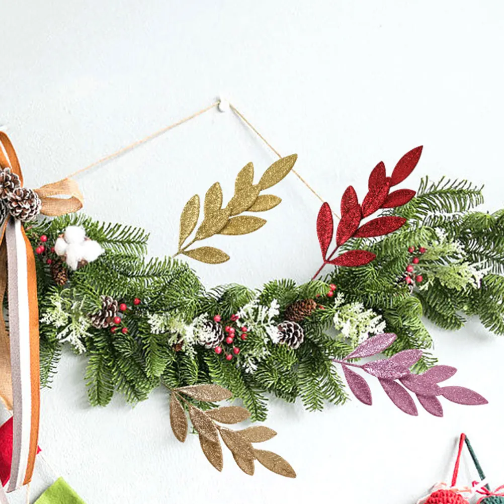 

Pick Christmas Tree Wreath Decoration Artificial Glitter Leaves Foliage Red Plastic Picks