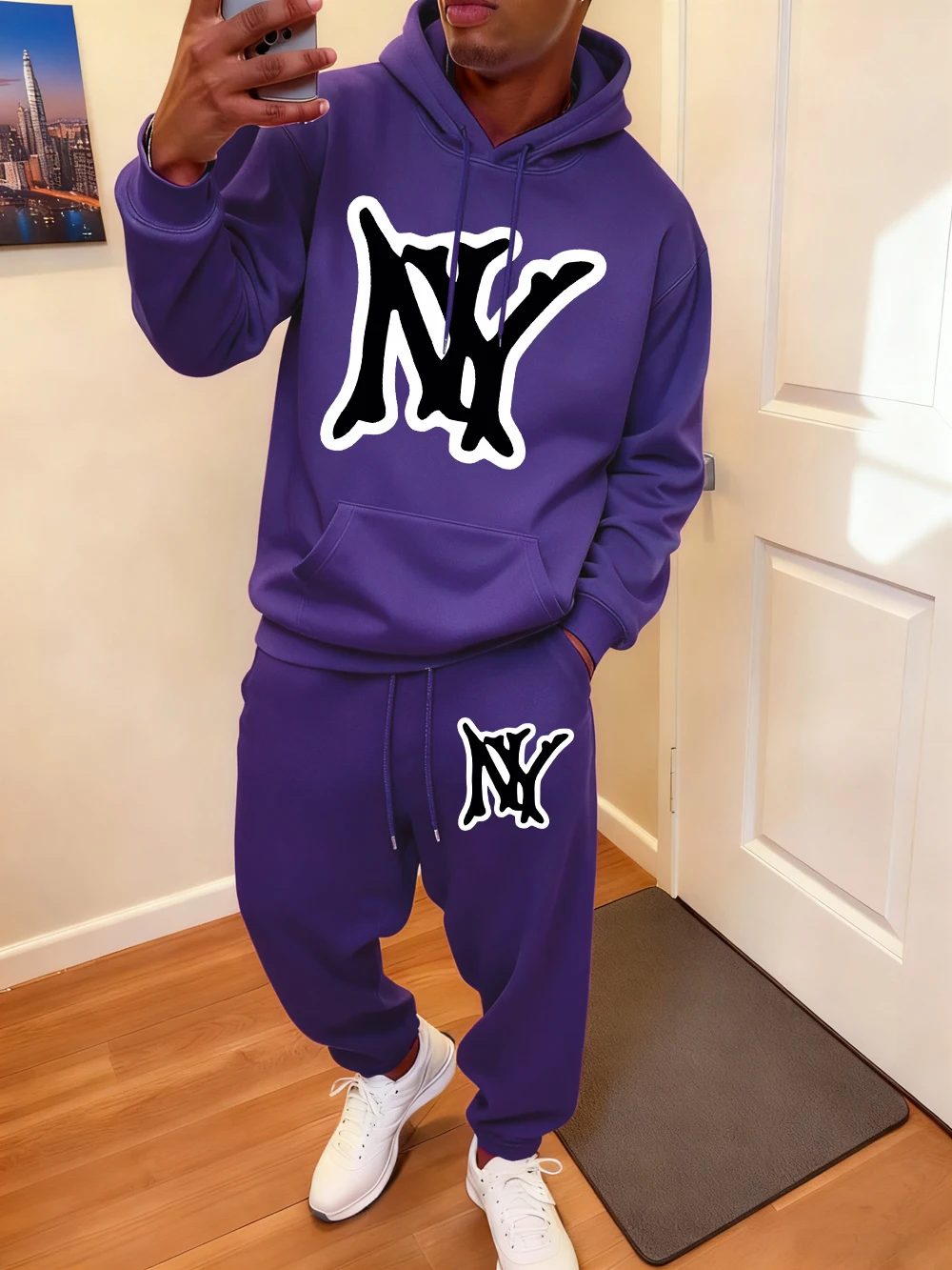 2 قطعة هوديس مجموعة رجالي بسيط نيويورك شعار الطباعة Sweatpants الخريف فضفاض الصوف الدافئة بنطال رياضي البلوز ملابس جيب غير رسمية