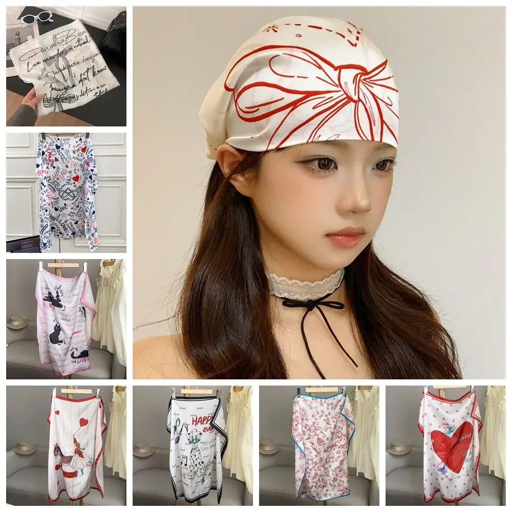 우아한 달콤한 Y2k 프린트 터번 보우 올 매치 프린트 헤드 스카프 가슴 스카프 넥 치프 작은 사각형 스카프 비치