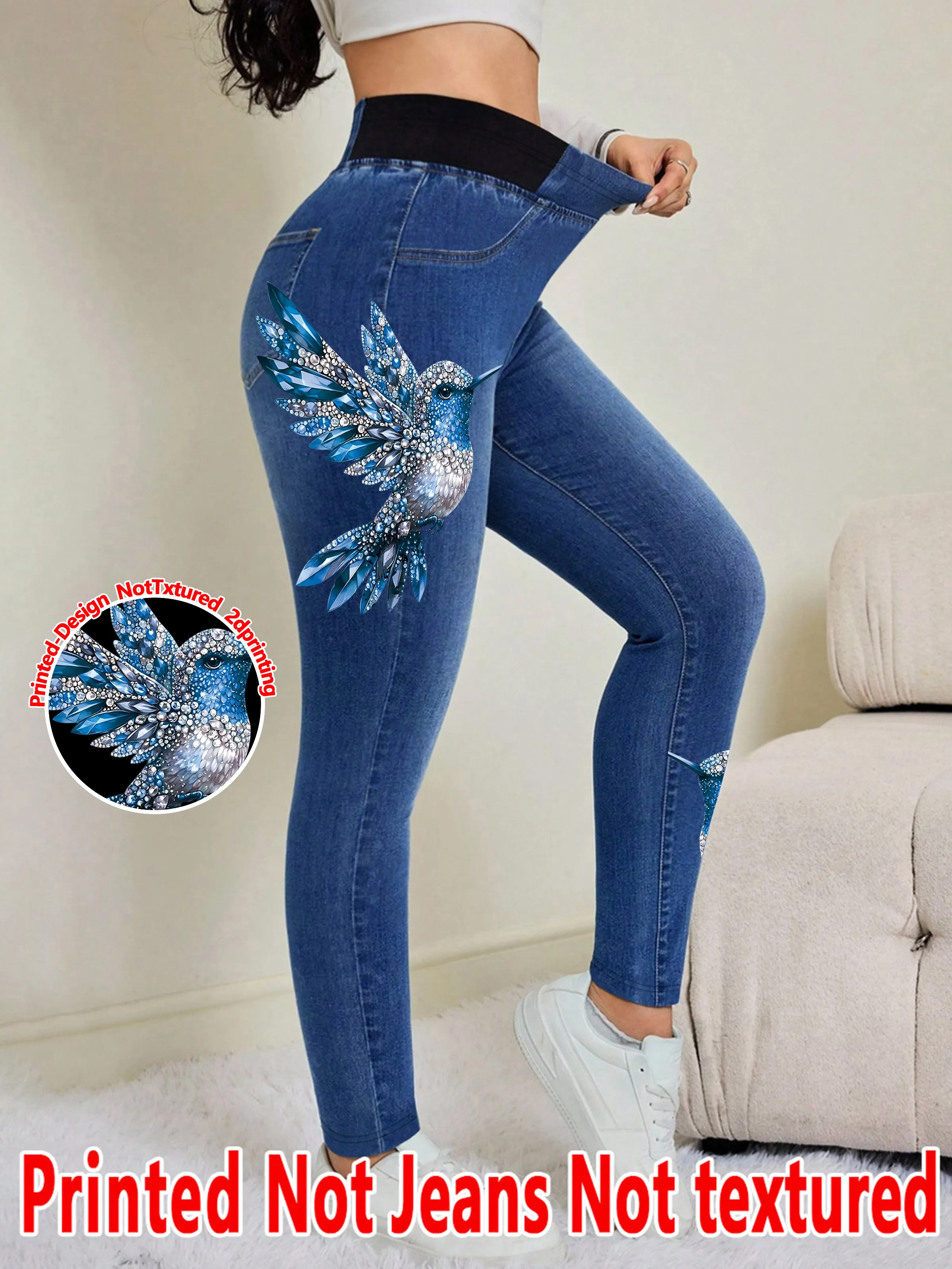 1561  Ladies Printed Slim Fit Pants Non- Denim Fabric Diamond Bird Print Base Layer Trousers for All Seasons