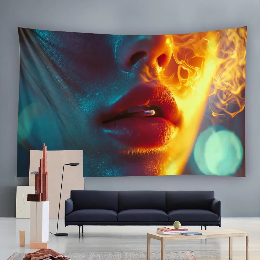 Psychedelic Starry Night Girl Tapestry Purple-Pink Gradient Starry Sky Smoking Girl Living Room Sofa Music Space Decor