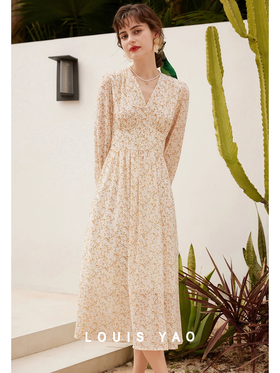 

LOUIS YAO Women Dress Spring and Autumn Small Floral Chiffon Dress French-style V-neck Long Sleeve Sweet and Elegant Dress Women