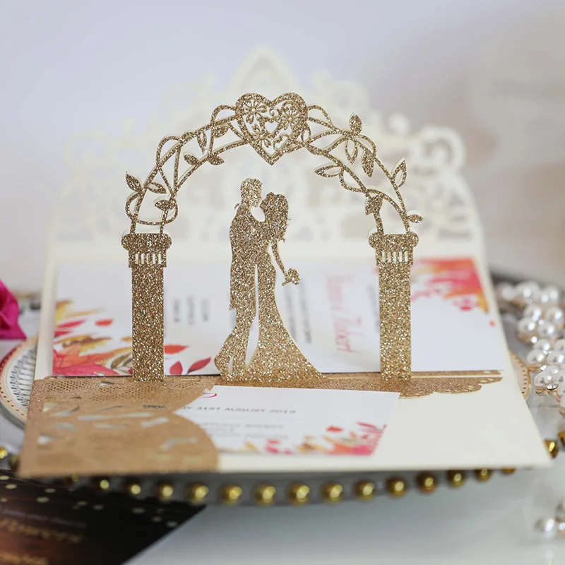 

50Pcs Laser Cut Bride And Groom Wedding Invitation Cards Engagement Glitter Paper Greeting Card Love Party Decorations Favors