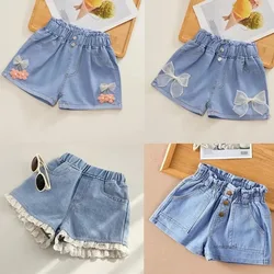 Girls Denim Shorts Summer Cartoon Fashion Cute Shorts Floral Lace All-match Children's Pants Girls Denim Shorts Teenagers