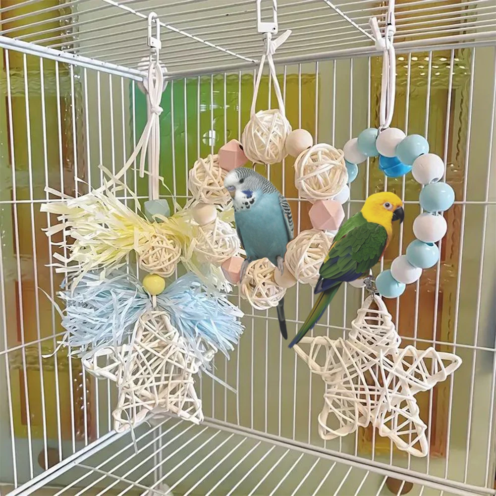 3Pcs Bird Parrot Shredder Toys With Wood Beads Rattan 5-pointed Stars Parrot Hanging Toys With Metal Hook For Parakeet Cockatiel