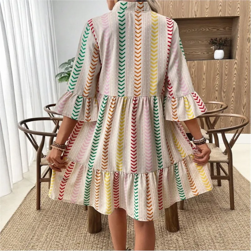 فستان ميدي مطبوع مخطط ملون صيفي بأكمام مضيئة ورقبة على شكل حرف v فضفاض غير رسمي لقضاء العطلات وحفلات الشاطئ للنساء فستان بوهو 2025