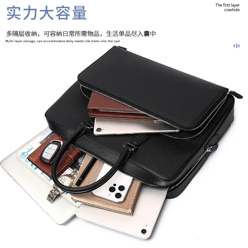 Men's genuine leather single-shoulder briefcase, business large-capacity commuting 15.6-inch computer bag, high-end handbag