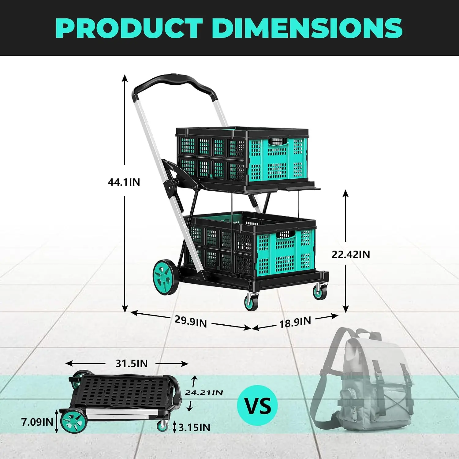 8-in-1 Max 200LBS Collapsible Shopping Cart on Wheels with 2 Storage Crates, Portable Foldable Shopping Cart with Foot Brake