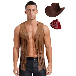 Men Halloween Them Party Western Cowboy Cosplay Costume Set Faux Suede Tassel Rivets Steampunk Vest Waistcoat with Hat Bandanna