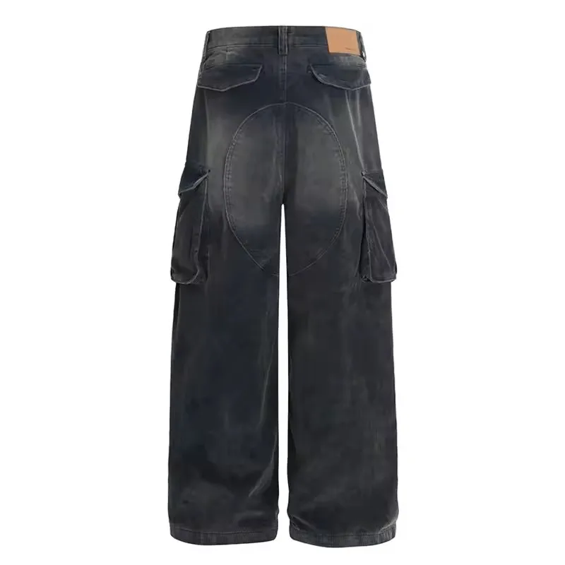 American Style Workwear Wide Leg Men's Jeans Unisex Vintage MultiPocket Loose Black Denim Long Pants Casual Trousers