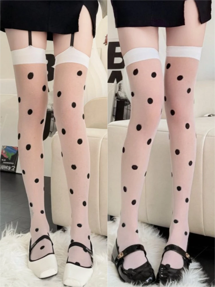 

New White Long Socks Women Sexy Sheer Polka Dots Thigh High Garter Stockings Spicy Girls Lolita Lace JK Cute Over The Knee Socks