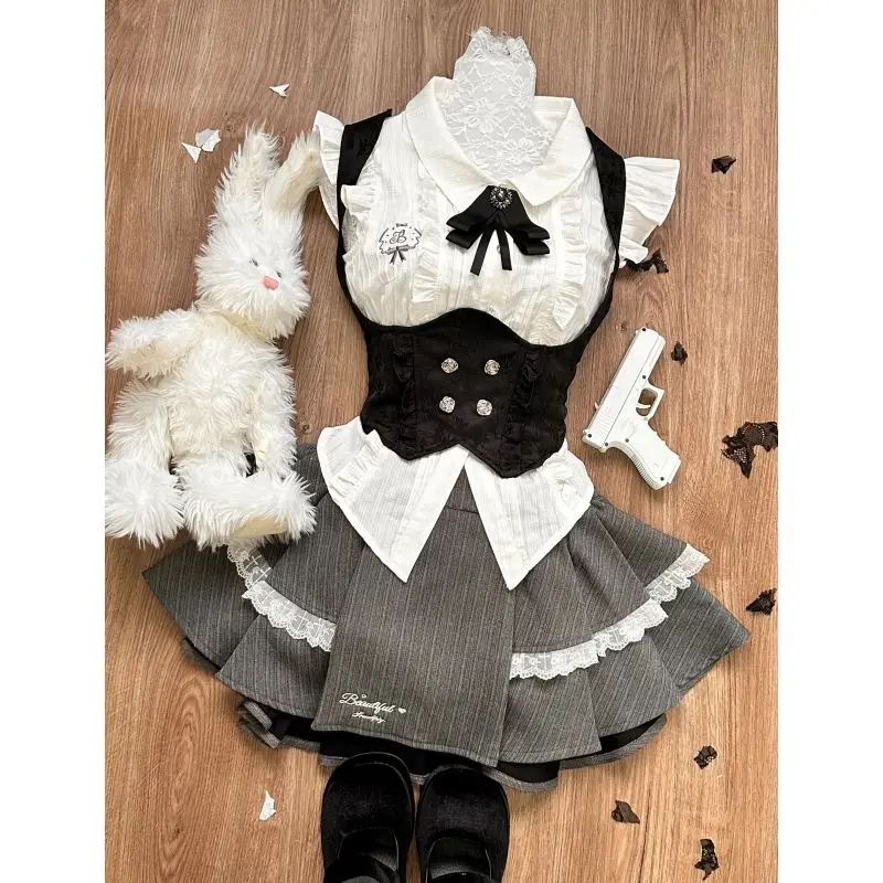 Gothic Y2k Vintage Jk Uniform 2 Piece Sets Women Preppy Style Bow Shirt Cake Mini Skirt Suit Female Korean Elegant Skirts Outfit