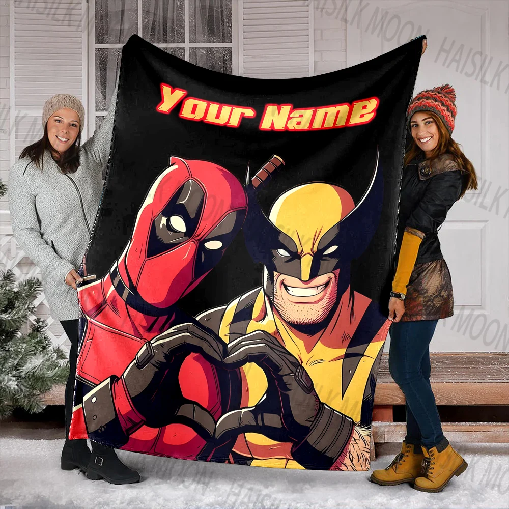 (Memo U Name) 1PC Customized Name Deadpool and Wolverine Printed Blanket All Seasons Multi-purpose Blanket for Sofa, Travel, Car