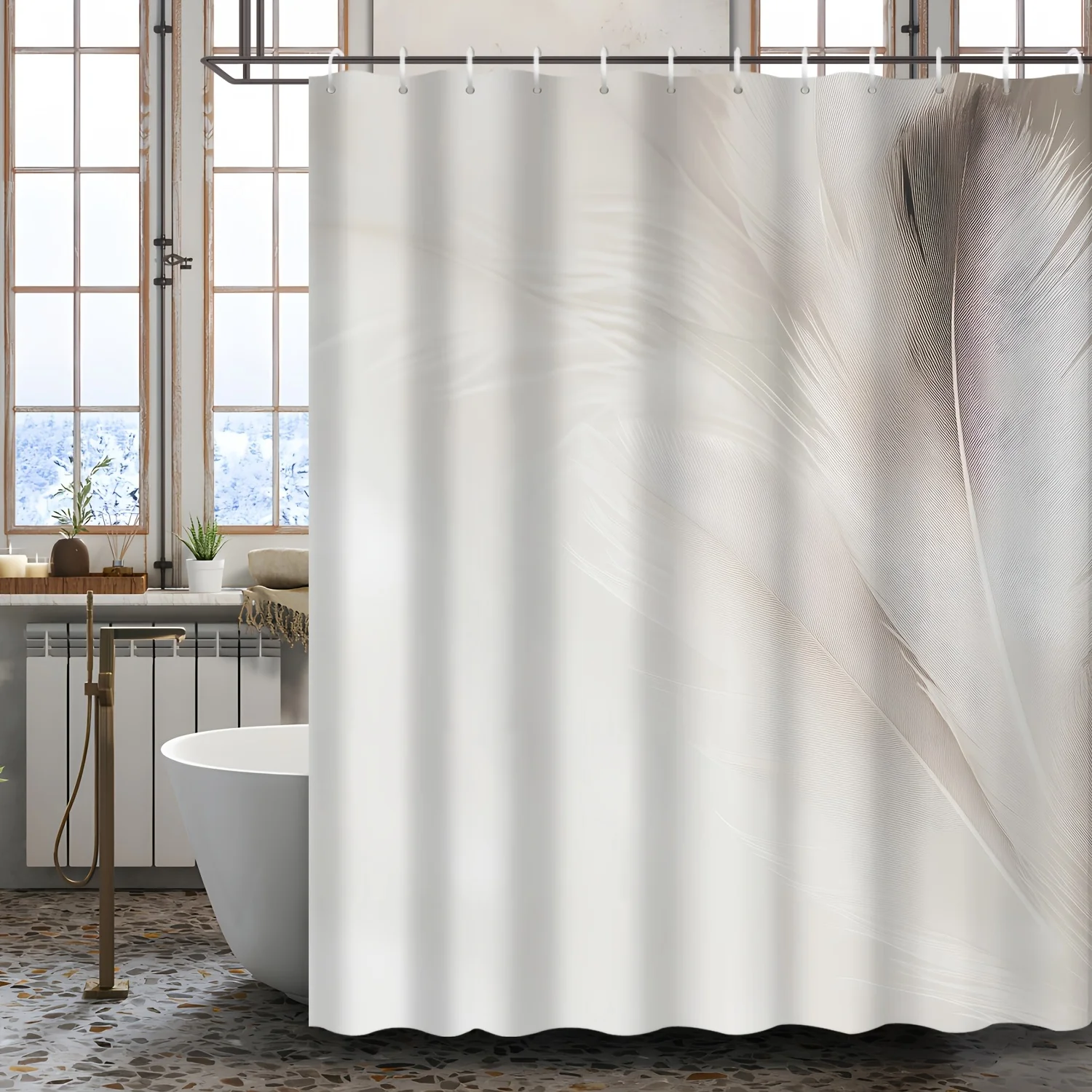 

Цельная занавеска для душа в скандинавском стиле с современным рисунком перьев, полиэфирная ткань, можно стирать в машине, подходит для украшения ванной комнаты