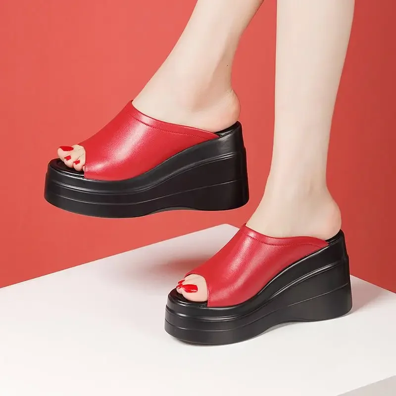 9.5cm Small Size 32-43 Comfortable Chunky Platform Shoes Genuine Leather Slippers 2024 High Heels Wedges Slides Office Model