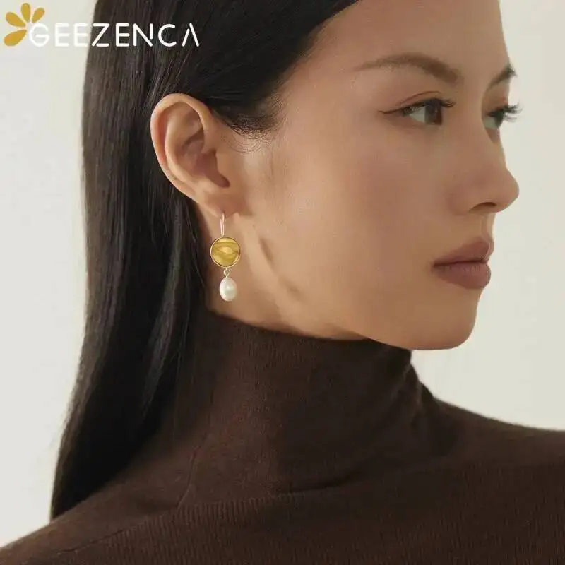 GEEZENCA 925 Silver Two Tone Natural Pearl Dangle Earrings for Women Buddha Statues Bodhisattva Eye Unique Chic Earring New Gift