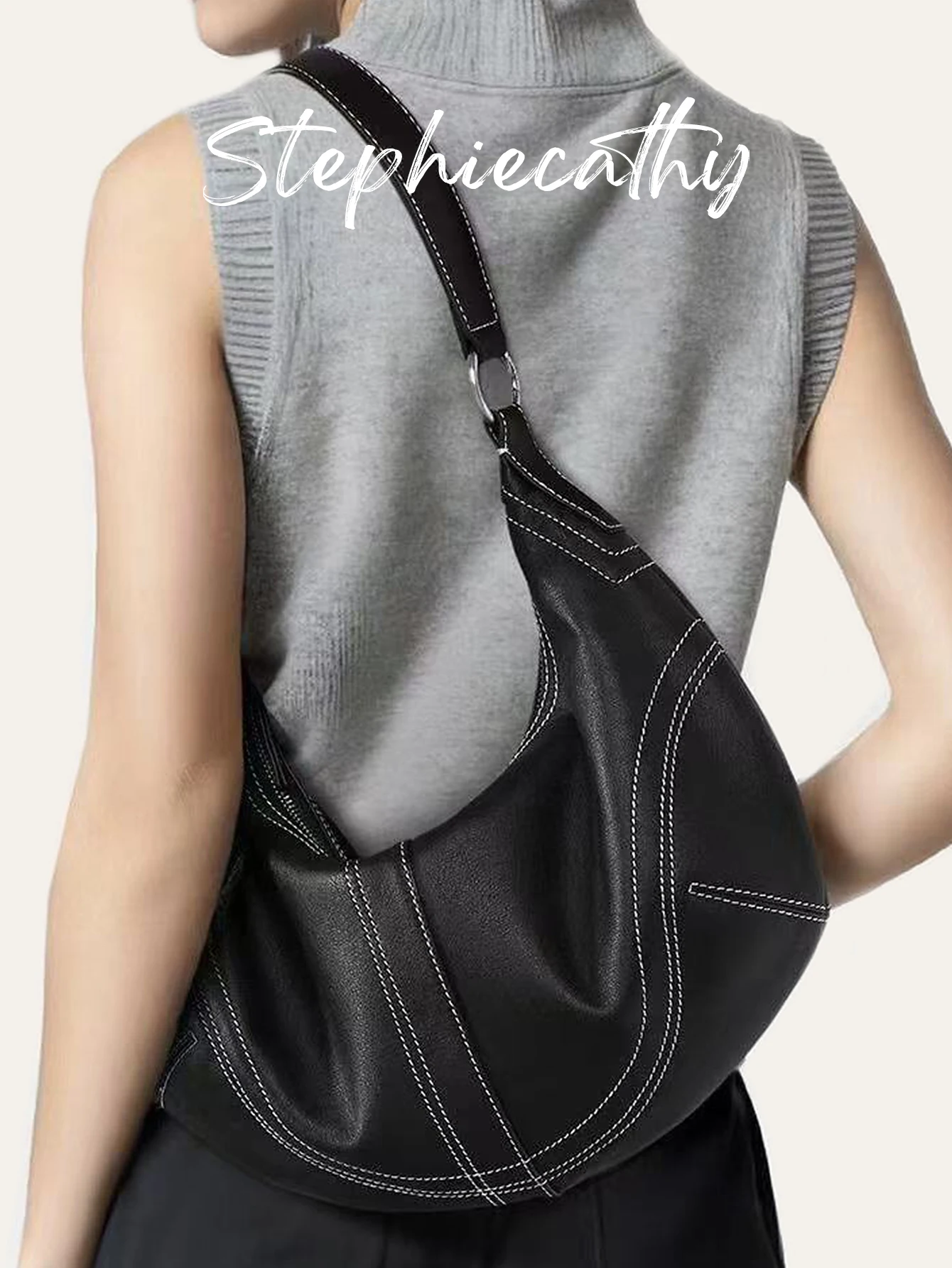 

SC Luxury Fashion Women's Genuine Leather Casual Hobo Brand Handbag Sewing Thread Decoration Zip Closure Cross body Shoulder Bag