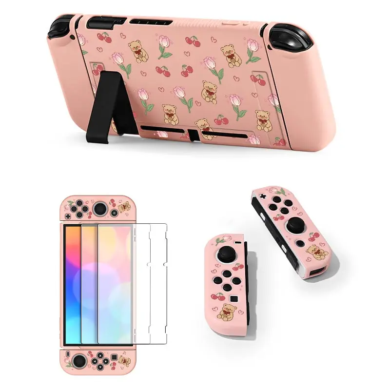 1 Pcs Love Flower Cherry Bear Case with 2 Tempered Glass Screen Protectors for Switch NS/Oled/Lite, Compatible with Switch Con