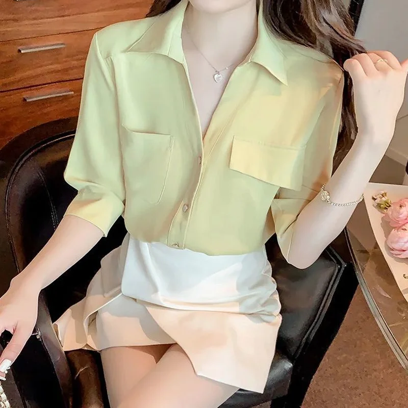 White Shirt Tops Women\'s Summer Short Sleeve Chiffon New All-match Polo Neck Solid Color Korean Blouse Fashion Sweet Clothing