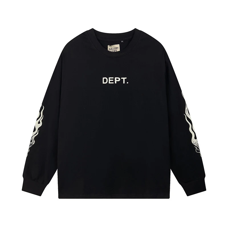 Loose Long Sleeve T-Shirt Unisex Spring Autumn Flame Letter Print Base Shirt Hip Hop Style Cotton Youth Fashion Basic Tee