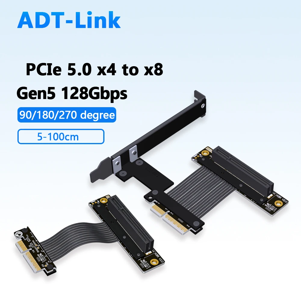 PCIe 5.0 X4 To X8 GEN 5 Riser Extension Cable 90 180 270 Degree 128Gbps PCI-E 4X Expansion SSD 1U GPU Adapter PCI Express
